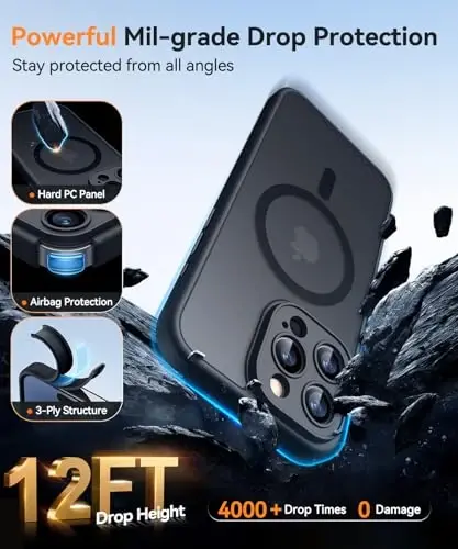 CANSNH iPhone 16 Pro Max uchun magnit bilan mos keluvchi g'ilof, yangilangan [To'liq kamera himoyasi] [Magsafe bilan mos] [Shaffof mat] Zarbadan himoya qiluvchi telefon g'ilofi 6.9 dyuym - Qora - 6
