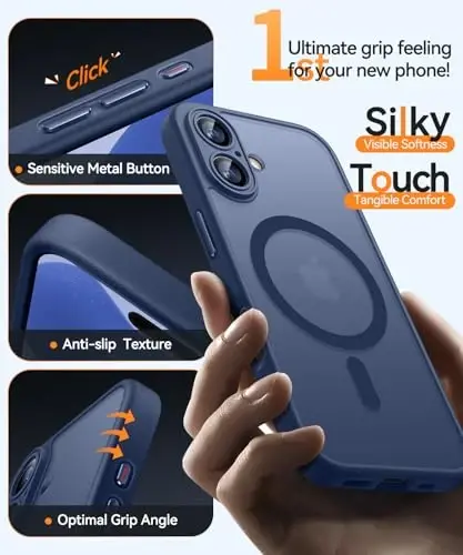 CANSNH iPhone 17 uchun magnitli g'ilof, yangilangan [To'liq kamera himoyasi] [Magsafe bilan mos] [Shaffof mat] Zarba o'tkazmaydigan himoya telefon g'ilofi iPhone 17 uchun - To'q ko'k - 7