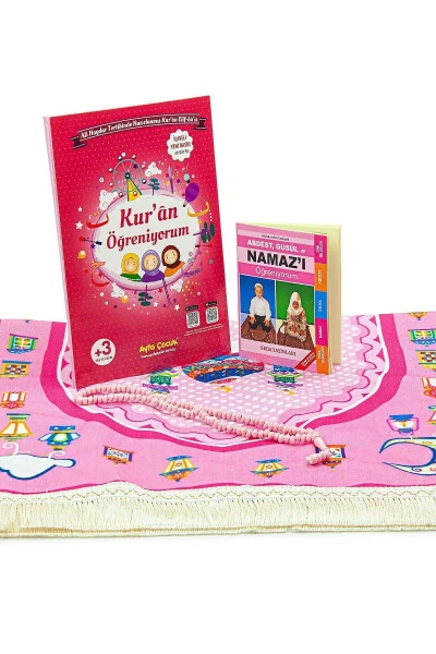 Çantalı Kuran Kursu Elif Ba Kitabı Çocuk Seccade İbadet Seti Pembe-Pembe - 3