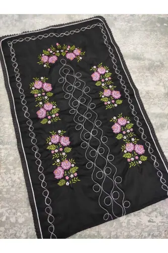 Canvas Embroidered Etamine Fabric Single Prayer Rug - Black 