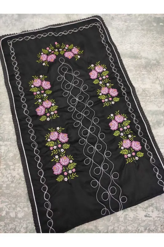 Canvas Embroidered Etamine Fabric Single Prayer Rug - Black - ÇT ÇEYIZCI TEKSTIL