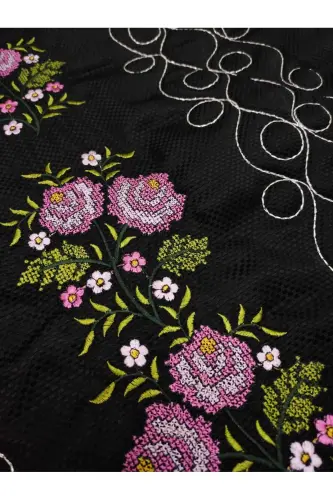 Canvas Embroidered Etamine Fabric Single Prayer Rug - Black - ÇT ÇEYIZCI TEKSTIL (1)