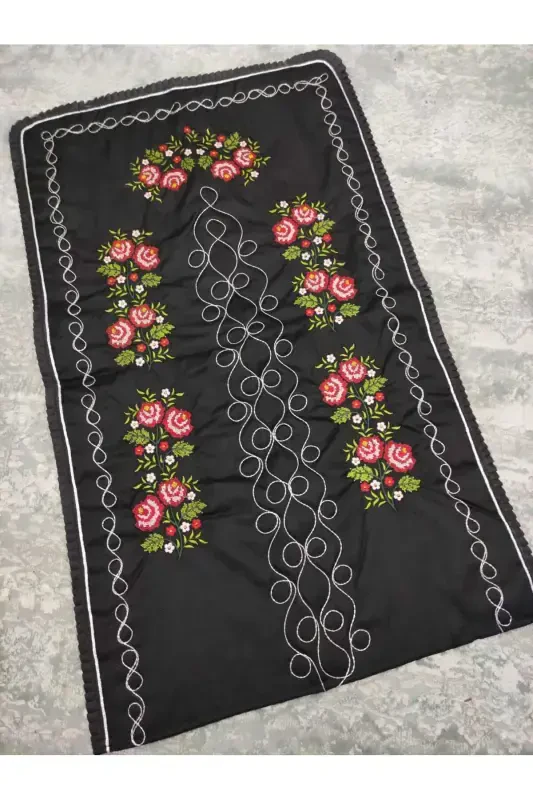 Canvas Embroidered Etamine Fabric Single Prayer Rug - Black-Black - 1