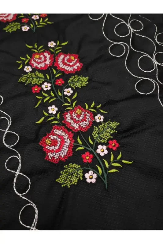 Canvas Embroidered Etamine Fabric Single Prayer Rug - Black-Black - 2