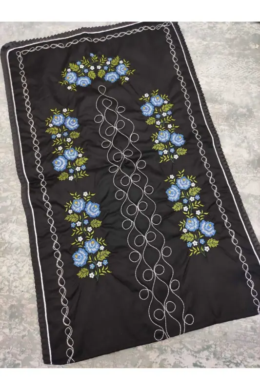 Canvas Embroidered Etamine Fabric Single Prayer Rug - Black-Black - 2