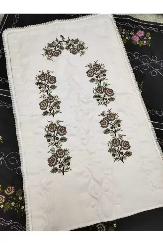 Canvas Embroidered Etamine Fabric Single Prayer Rug - Cream-Cream - ÇT ÇEYIZCI TEKSTIL (1)