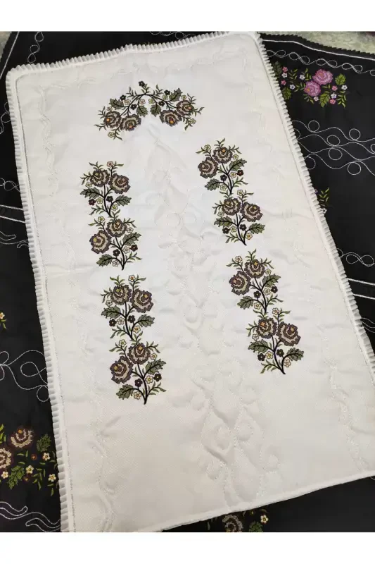 Canvas Embroidered Etamine Fabric Single Prayer Rug - Cream-Cream - 2