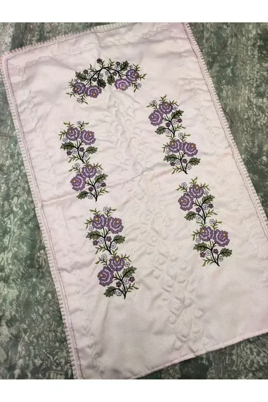 Canvas Embroidered Etamine Fabric Single Prayer Rug - Powder Background Lilac Embroidered-Powder - ÇT ÇEYIZCI TEKSTIL