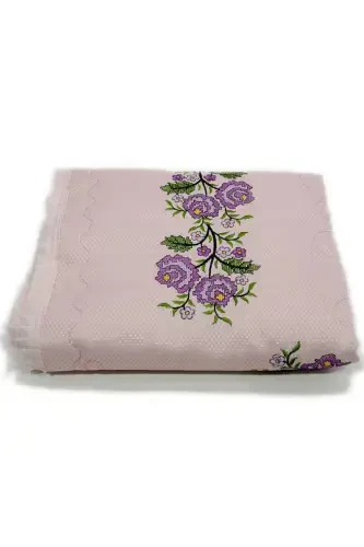 Canvas Embroidered Etamine Fabric Single Prayer Rug - Powder Background Lilac Embroidered-Powder - ÇT ÇEYIZCI TEKSTIL (1)