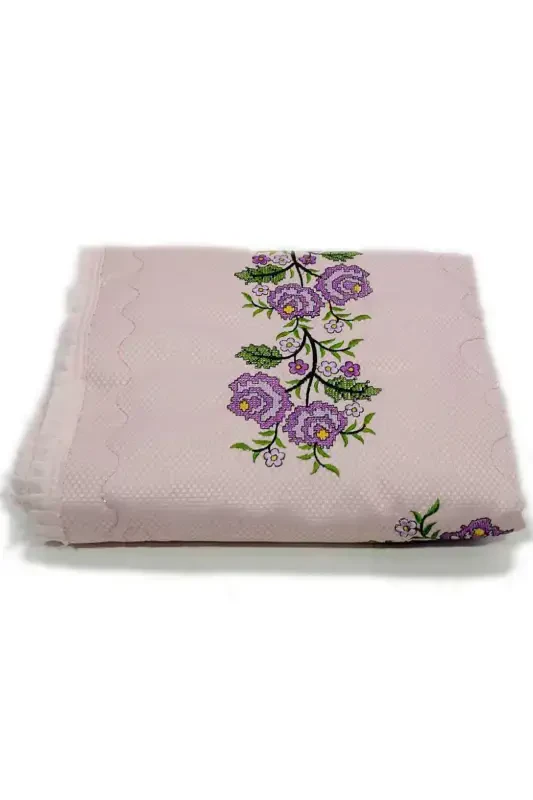 Canvas Embroidered Etamine Fabric Single Prayer Rug - Powder Background Lilac Embroidered-Powder - 2