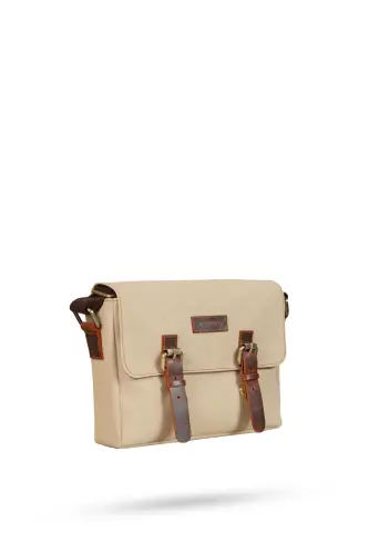 Canvas - Leather Beige Messenger Bag - Design01-Beige - 3