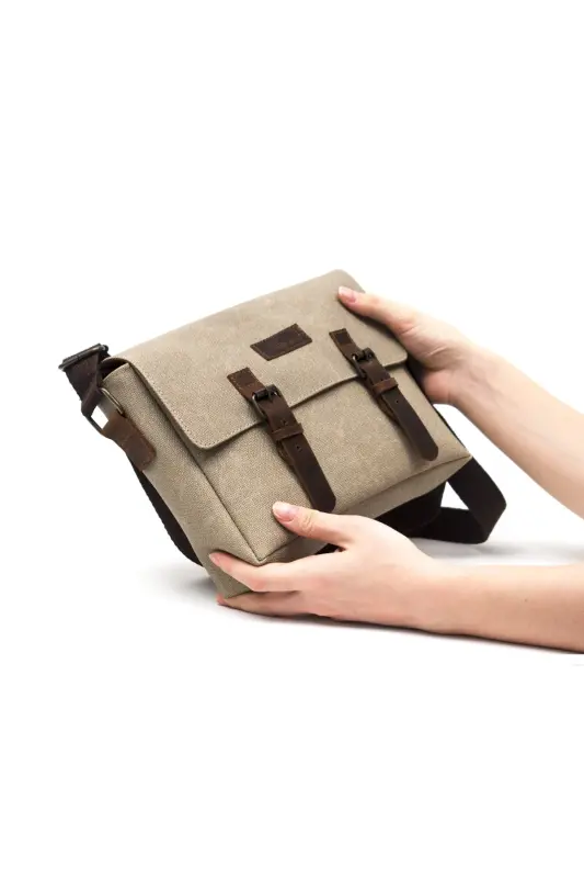 Canvas - Leather Beige Messenger Bag - Design01-Beige - 1