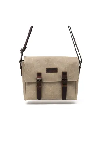 Canvas - Leather Beige Messenger Bag - Design01-Beige - 5