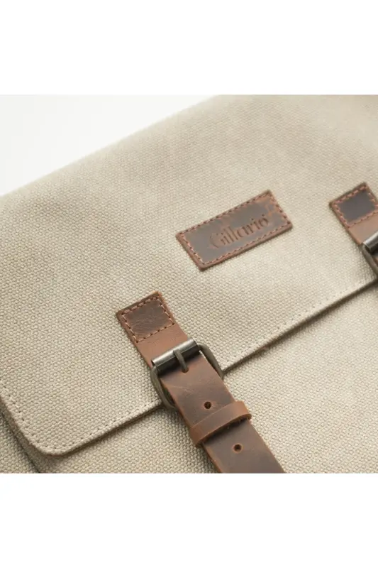 Canvas - Leather Beige Messenger Bag - Design01-Beige - 6