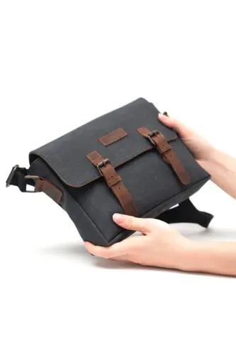 Canvas - Leather Black Messenger Bag - Design01 - 4