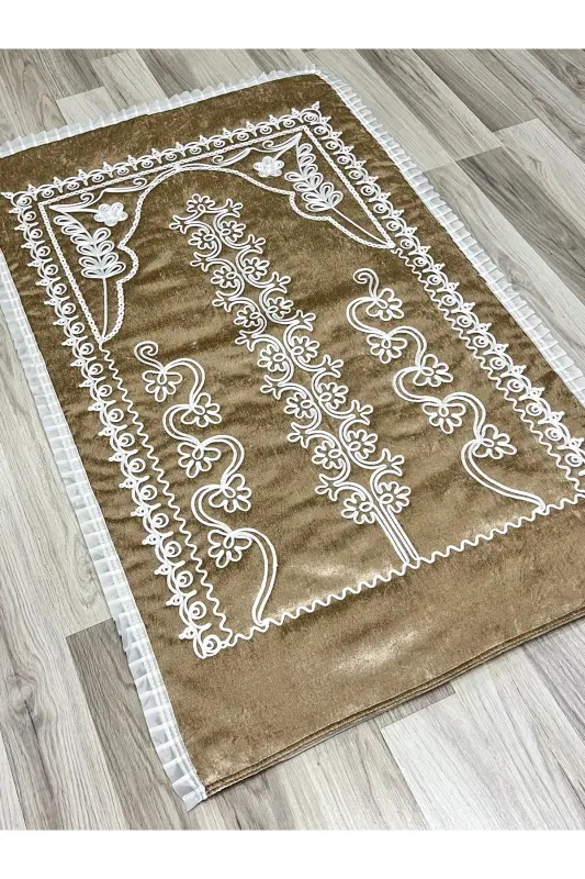 Cappuccino (BEIGE) Velvet Bridal Trousseau Prayer Rug Set-Cappuccino - 1