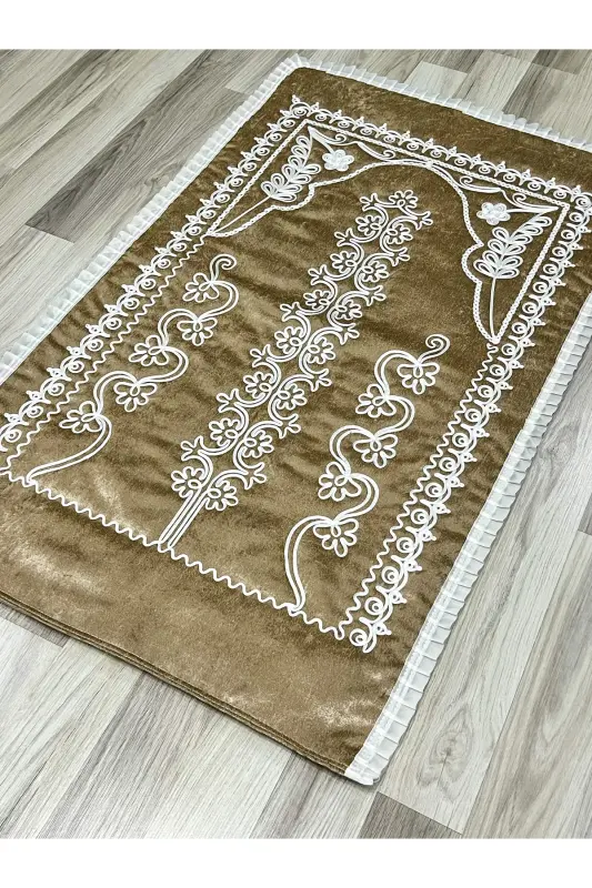 Cappuccino (BEIGE) Velvet Bridal Trousseau Prayer Rug Set-Cappuccino - 2