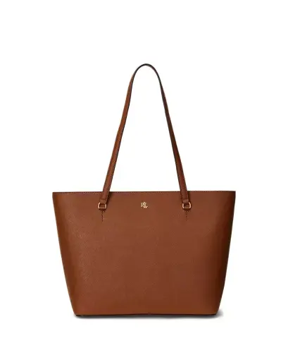 Crosshatch Leather Medium Karly Shopper Tote-Lauren Tan 