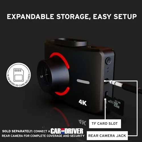 Car and Driver Eye2Pro, 4K Ultra HD Dash Cam, Wide-Angle FOV Recording Camera with Suction Mount and 3-Inch Touchscreen, 30 FPS, Includes 16GB MicroSD Card - 6