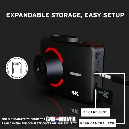 Car and Driver Eye2Pro, 4K Ultra HD Dash Cam, Wide-Angle FOV Recording Camera with Suction Mount and 3-Inch Touchscreen, 30 FPS, Includes 16GB MicroSD Card - 6