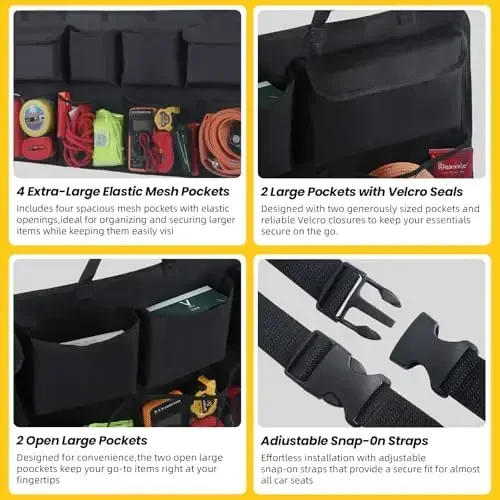 Car Backseat Hanging Trunk Organizer Extra-Long, 30% More Storage, 8 Large Pockets Car Storage Bag for SUV, Truck, Van – Super Capacity SUV Hanging Organizer for a Neat & Clutter-Free Space - Black - 4