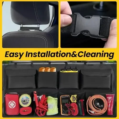 Car Backseat Hanging Trunk Organizer Extra-Long, 30% More Storage, 8 Large Pockets Car Storage Bag for SUV, Truck, Van – Super Capacity SUV Hanging Organizer for a Neat & Clutter-Free Space - Black - 5