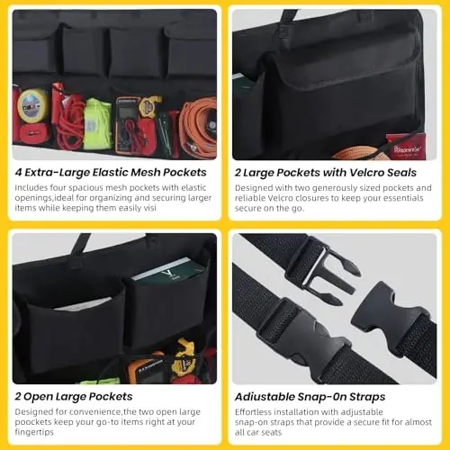 Car Backseat Hanging Trunk Organizer Extra-Long, 30% More Storage, 8 Large Pockets Car Storage Bag for SUV, Truck, Van – Super Capacity SUV Hanging Organizer for a Neat & Clutter-Free Space - Black - 4