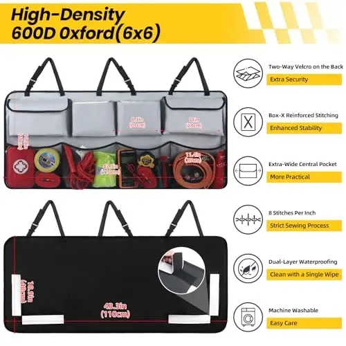 Car Backseat Hanging Trunk Organizer Extra-Long, 30% More Storage, 8 Large Pockets Car Storage Bag for SUV, Truck, Van – Super Capacity SUV Hanging Organizer for a Neat & Clutter-Free Space - Grey - 3