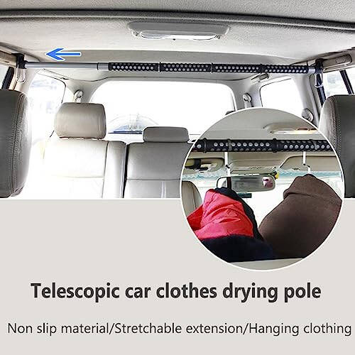 Car Clothes Hanger Bar, Adjustable Telescoping Bar Vehicle Clothing Rack, w/Steel Universal Fit Rods and Metal Hooks (Color: Gray-1) - 5