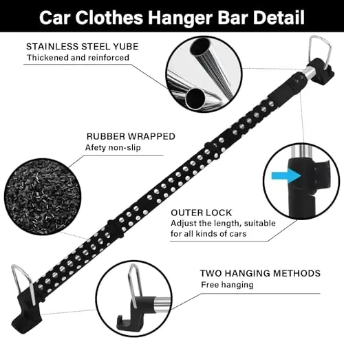 Car Clothes Hanger Bar, Cothes Rod for Car Telescopic Adjustable 34-51inch Heavy Duty Car Clothes Rack Suitable For Cars Trucks SUVs RVs Road Trippers RVs.(34-51inch) - 4
