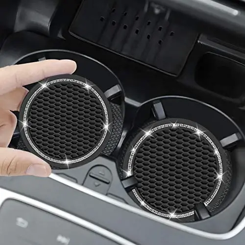 Car Coasters, 4 Pack Universal Vehicle Bling Car Coaster, COCASES Crystal Rhinestone Coaster for Cup Holders, Car Interior Accessories 2.75'' Silicone Anti Slip Car Coasters for Women (Black) - 2
