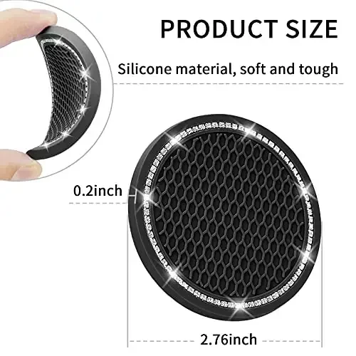 Car Coasters, 4 Pack Universal Vehicle Bling Car Coaster, COCASES Crystal Rhinestone Coaster for Cup Holders, Car Interior Accessories 2.75'' Silicone Anti Slip Car Coasters for Women (Black) - 5