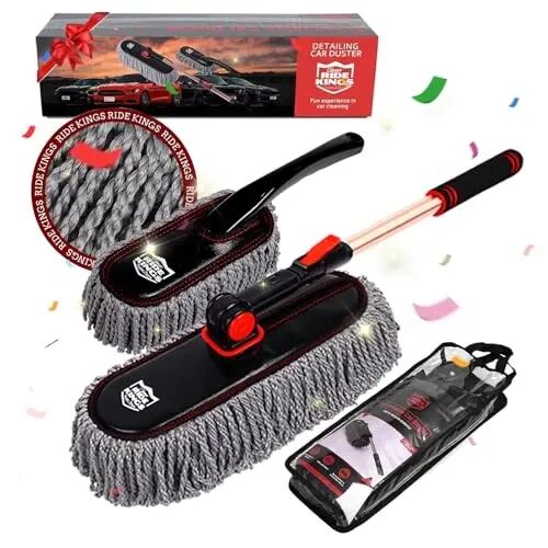 Car Duster Exterior with Extendable Handle, Scratch Free Auto Wash Brush Mop, Interior Detailing Kit for Truck RV Boat - Microfiber Duster & Interior Brush, Grey - RIDE KINGS