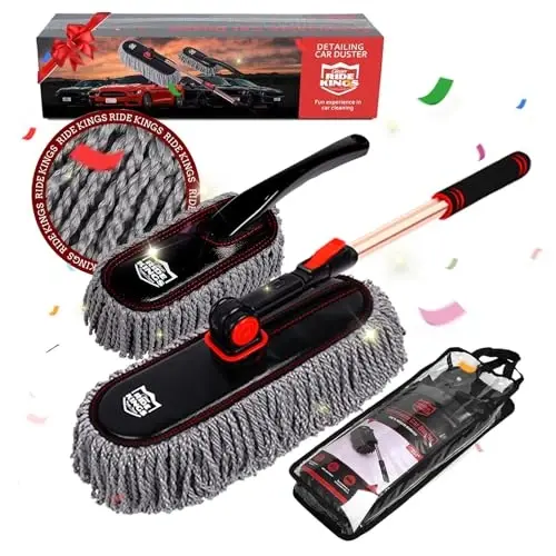 Car Duster Exterior with Extendable Handle, Scratch Free Auto Wash Brush Mop, Interior Detailing Kit for Truck RV Boat - Microfiber Duster & Interior Brush, Grey - 1