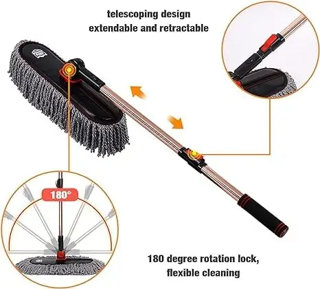 Car Duster Exterior with Extendable Handle, Scratch Free Auto Wash Brush Mop, Interior Detailing Kit for Truck RV Boat - Microfiber Duster & Interior Brush, Grey - 4
