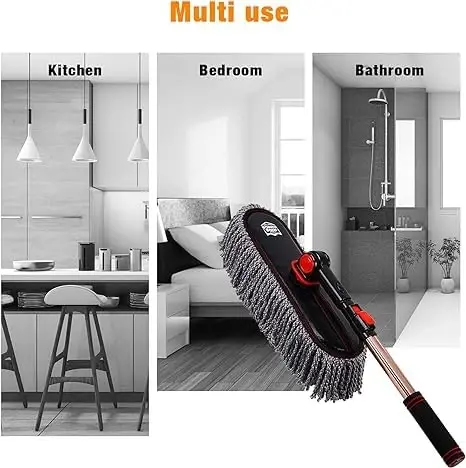 Car Duster Exterior with Extendable Handle, Scratch Free Auto Wash Brush Mop, Interior Detailing Kit for Truck RV Boat - Microfiber Duster & Interior Brush, Grey - 6