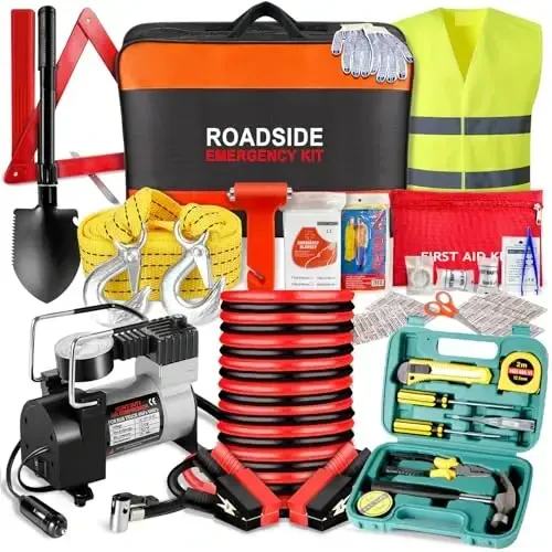 Car emergency kit with air compressor, roadside emergency car kit for vehicles, auto truck with jumper cables, winter car safety kit with folding shovel, car repair tool set, first aid kit, blanket, tow rope. - 1