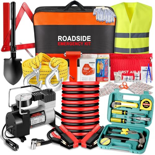 Car Emergency Kit with Air Compressor,Roadside Emergency Car Kit for Vehicles Auto Truck with Jumper Cables,Winter Car Safety Kit with Folding Shovel Car Repair Tool Set First Aid Kit Blanket Tow Rope - 1