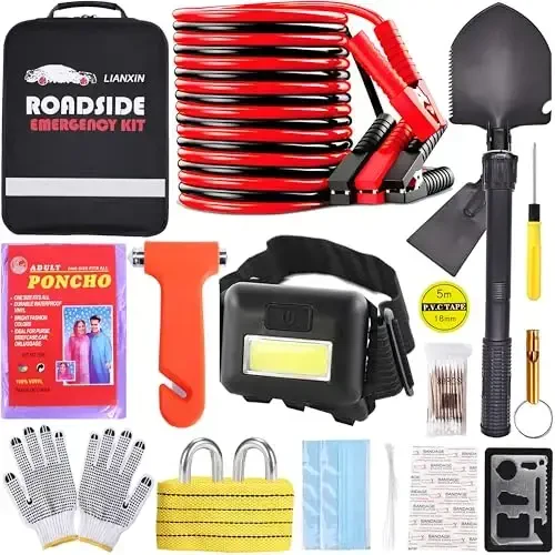 Car Emergency Roadside Tool Kit, Emergency Kits for Vehicles, Road Side Safety Assistance Kit,with Jumper Cables for Car,Headlamp,Folding Shovel,Tow, Basic Automobile Road Side Kits for Men Women 