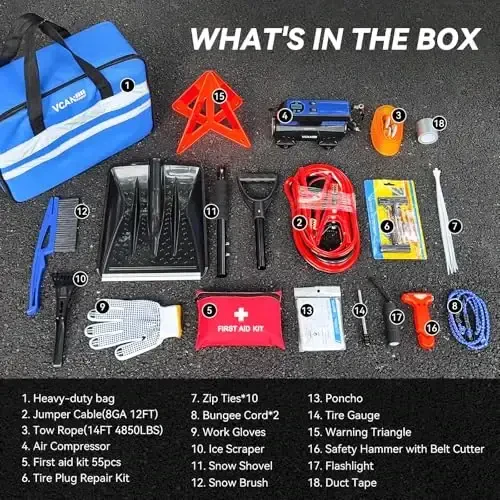 Car Emergency Safety Kit Bag with Digital Air Compressor, Jumper Cables, First Aid Kit, Winter Vehicle Roadside Safety Kit with Detachable Snow Shovel, for Women, Men, Teens - VCANENERGY (1)