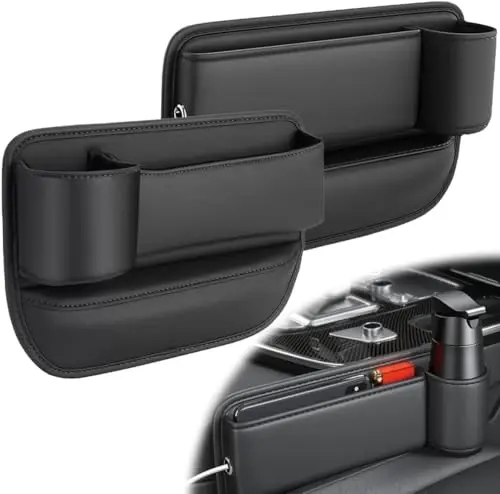 Car Leather Cup Holder Gap Bag, Car Seat Gap Filler Organizer, Car Seat Storage Box with Water Cup Holder, Car Gap Bag for Phones Keys Cards (1 Pair, Black) - 1