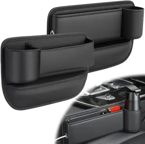 Car Leather Cup Holder Gap Bag, Car Seat Gap Filler Organizer, Car Seat Storage Box with Water Cup Holder, Car Gap Bag for Phones Keys Cards (1 Pair, Black) 