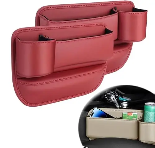 Car Leather Cup Holder Gap Bag, Car Seat Gap Filler Organizer, Car Seat Storage Box with Water Cup Holder, Car Gap Bag for Phones Keys Cards (1 Pair, Red) - PALLOCOO