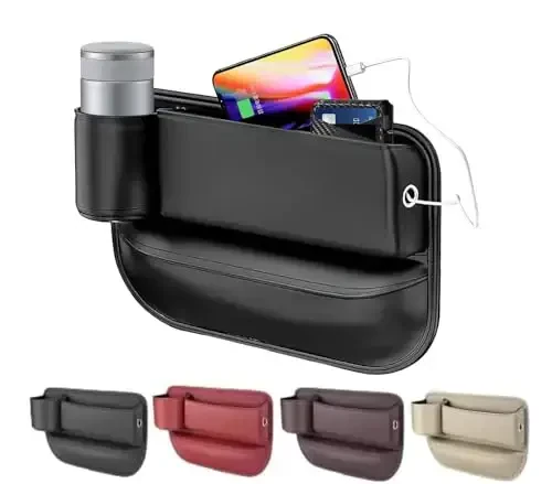 Car Leather Cup Holder Gap Bag, Car Seat Gap Filler Organizer, Car Seat Storage Box with Water Cup Holder, Car Gap Bag for Phones Keys Cards (Driver's Seat, Black) - PALLOCOO