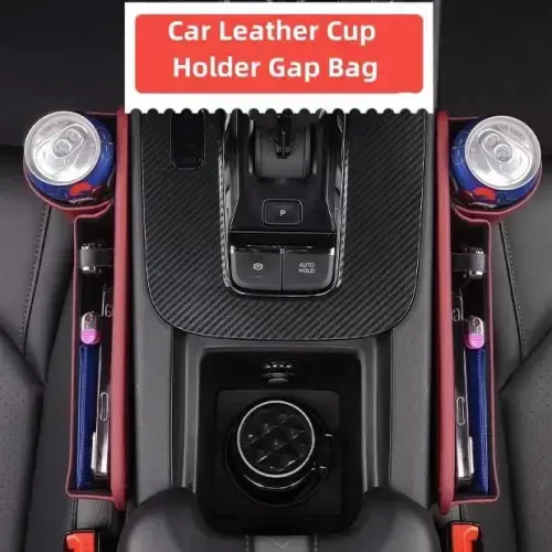 Car Leather Cup Holder Gap Bag, Car Seat Gap Filler Organizer, Car Seat Storage Box with Water Cup Holder, Car Gap Bag for Phones Keys Cards (Driver's Seat, Black) - 2