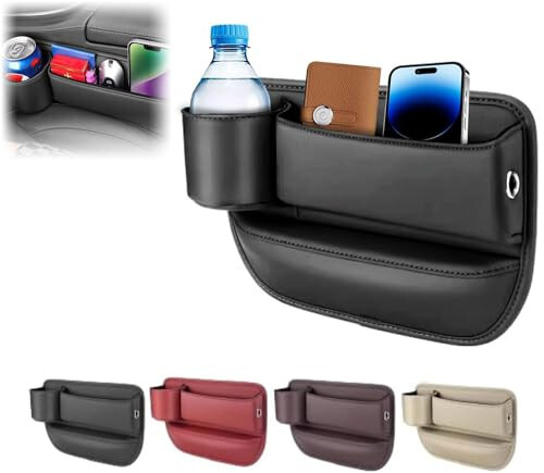 Car Leather Cup Holder Gap Bag, Car Seat Gap Filler Organizer, Car Seat Storage Box with Water Cup Holder, Car Gap Bag for Phones Keys Cards (Passenger's seat, Black) - 1