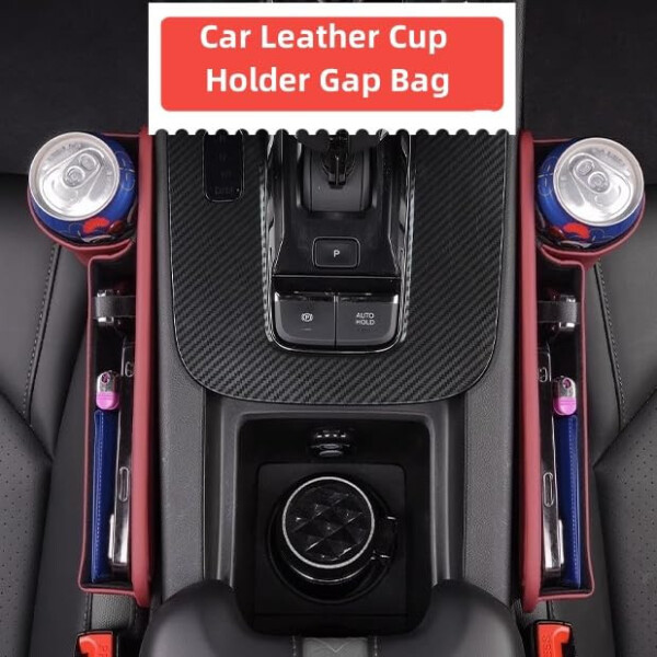 Car Leather Cup Holder Gap Bag, Car Seat Gap Filler Organizer, Car Seat Storage Box with Water Cup Holder, Car Gap Bag for Phones Keys Cards (Passenger's seat, Black) - 2