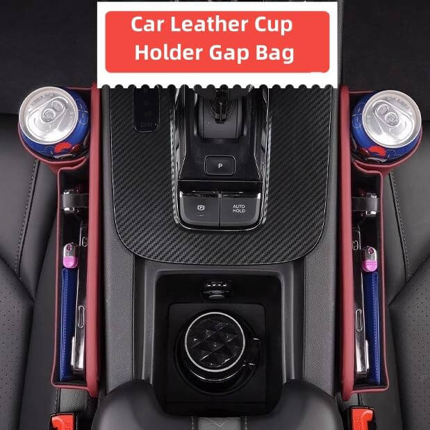 Car Leather Cup Holder Gap Bag, Car Seat Gap Filler Organizer, Car Seat Storage Box with Water Cup Holder, Car Gap Bag for Phones Keys Cards (Passenger's seat, Black) - 2