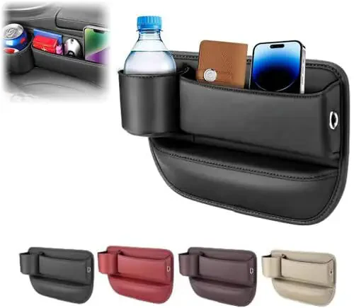 Car Leather Cup Holder Gap Bag, Car Seat Gap Filler Organizer, Car Seat Storage Box with Water Cup Holder, Car Gap Bag for Phones Keys Cards (Passenger's seat, Black) - 1
