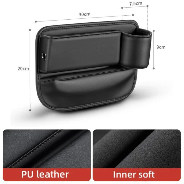 Car Leather Cup Holder Gap Bag, Car Seat Gap Filler Organizer, Car Seat Storage Box with Water Cup Holder, Car Gap Bag for Phones Keys Cards (Passenger's seat, Black) - 6
